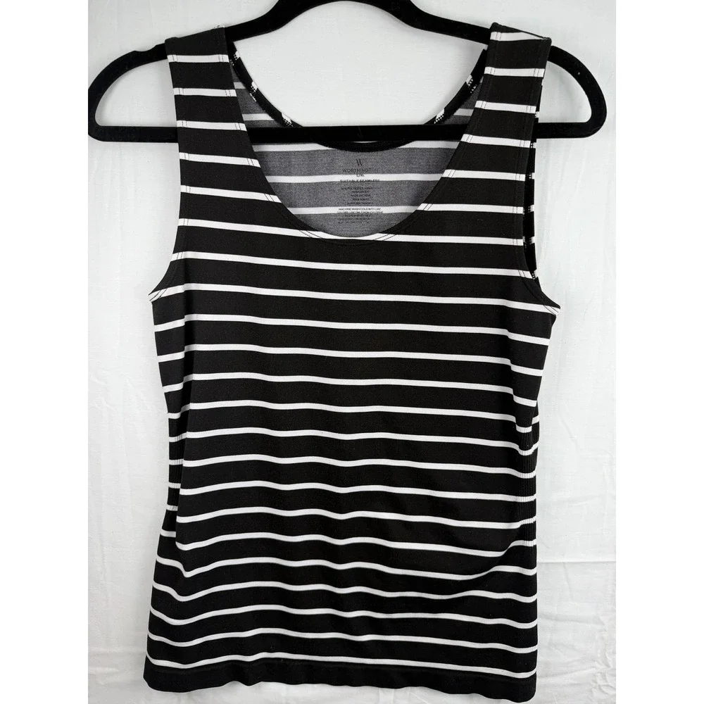 Worthington Seamless Tank Top Womens L/XL Black White Striped Scoop Neck - Picture 1 of 3